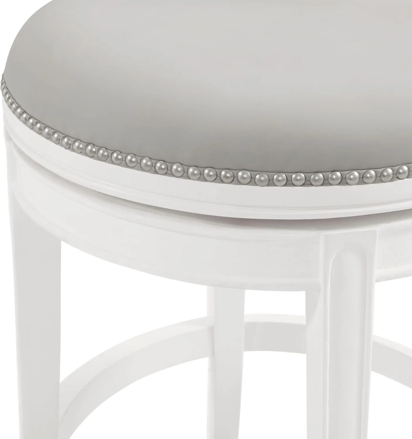 Hanover Swivel Counter Height Bar Stools, Set of 2, Memory Return Swivel, Foam Padded Faux Leather, Nailhead Trim, Rubberwood Frame, 26 in. Seat Height, White and Gray