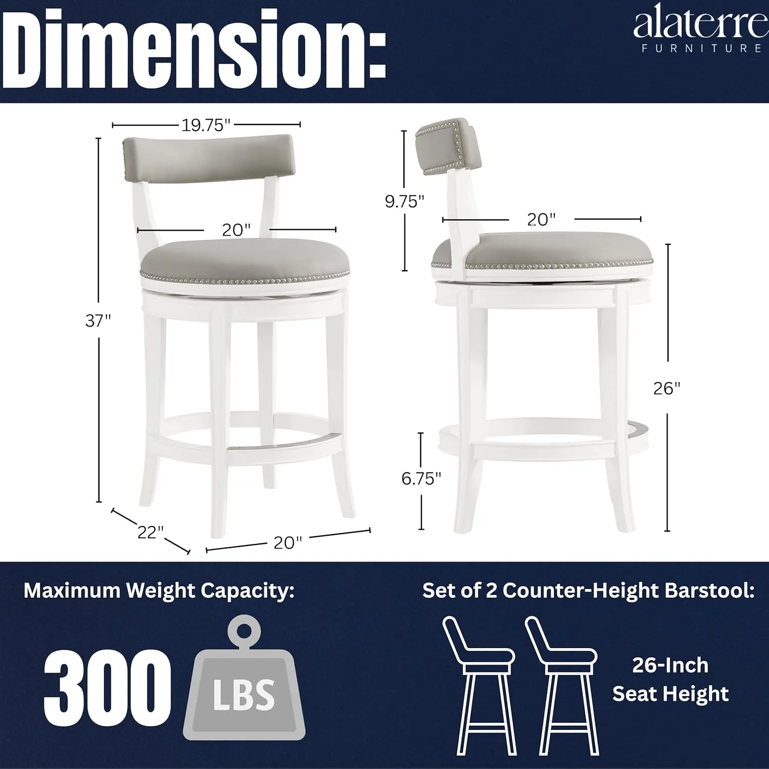 Hanover Swivel Counter Height Bar Stools, Set of 2, Memory Return Swivel, Foam Padded Faux Leather, Nailhead Trim, Rubberwood Frame, 26 in. Seat Height, White and Gray