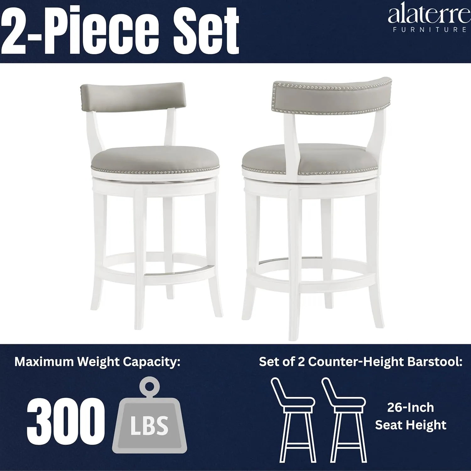 Hanover Swivel Counter Height Bar Stools, Set of 2, Memory Return Swivel, Foam Padded Faux Leather, Nailhead Trim, Rubberwood Frame, 26 in. Seat Height, White and Gray