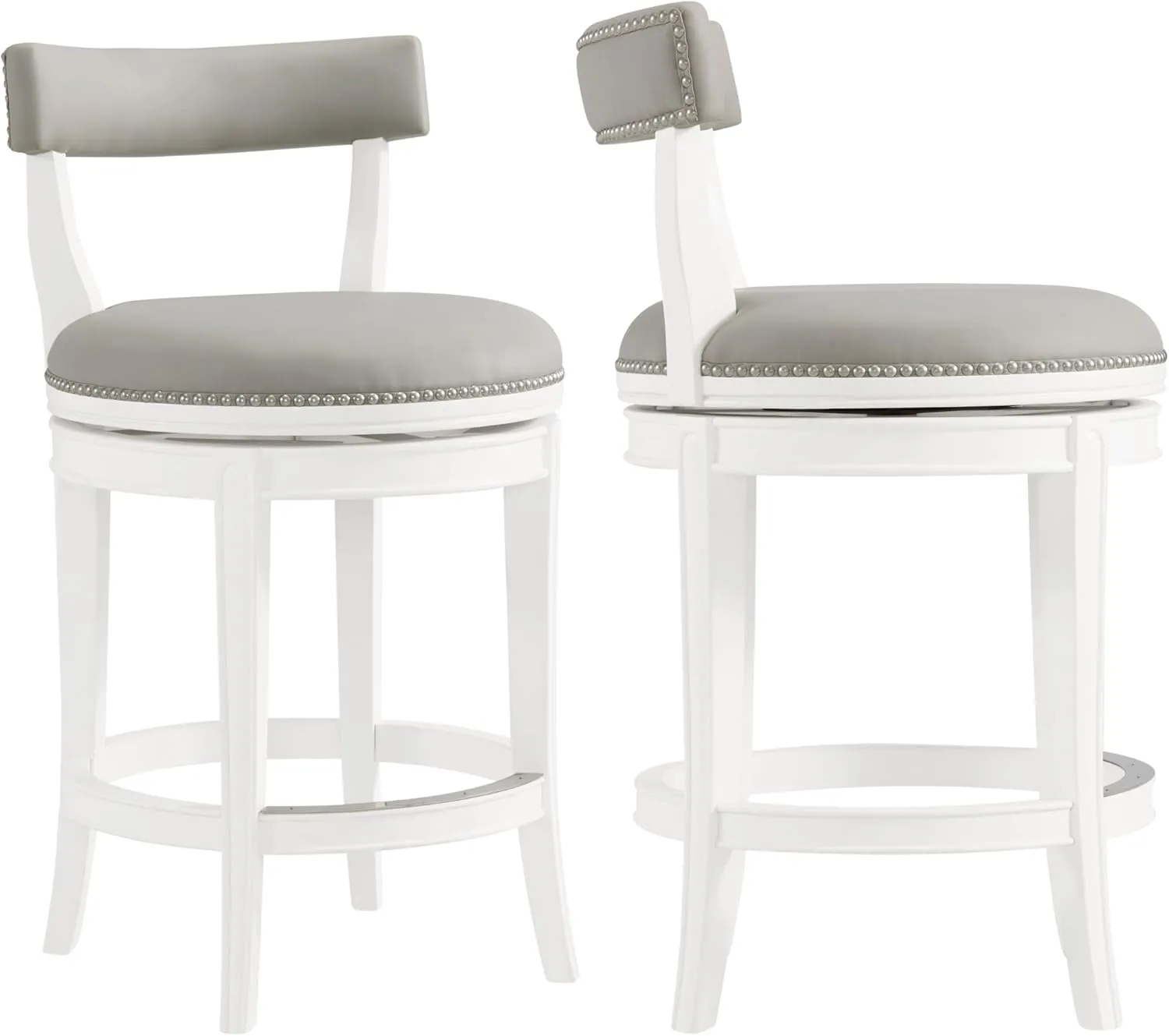 Hanover Swivel Counter Height Bar Stools, Set of 2, Memory Return Swivel, Foam Padded Faux Leather, Nailhead Trim, Rubberwood Frame, 26 in. Seat Height, White and Gray