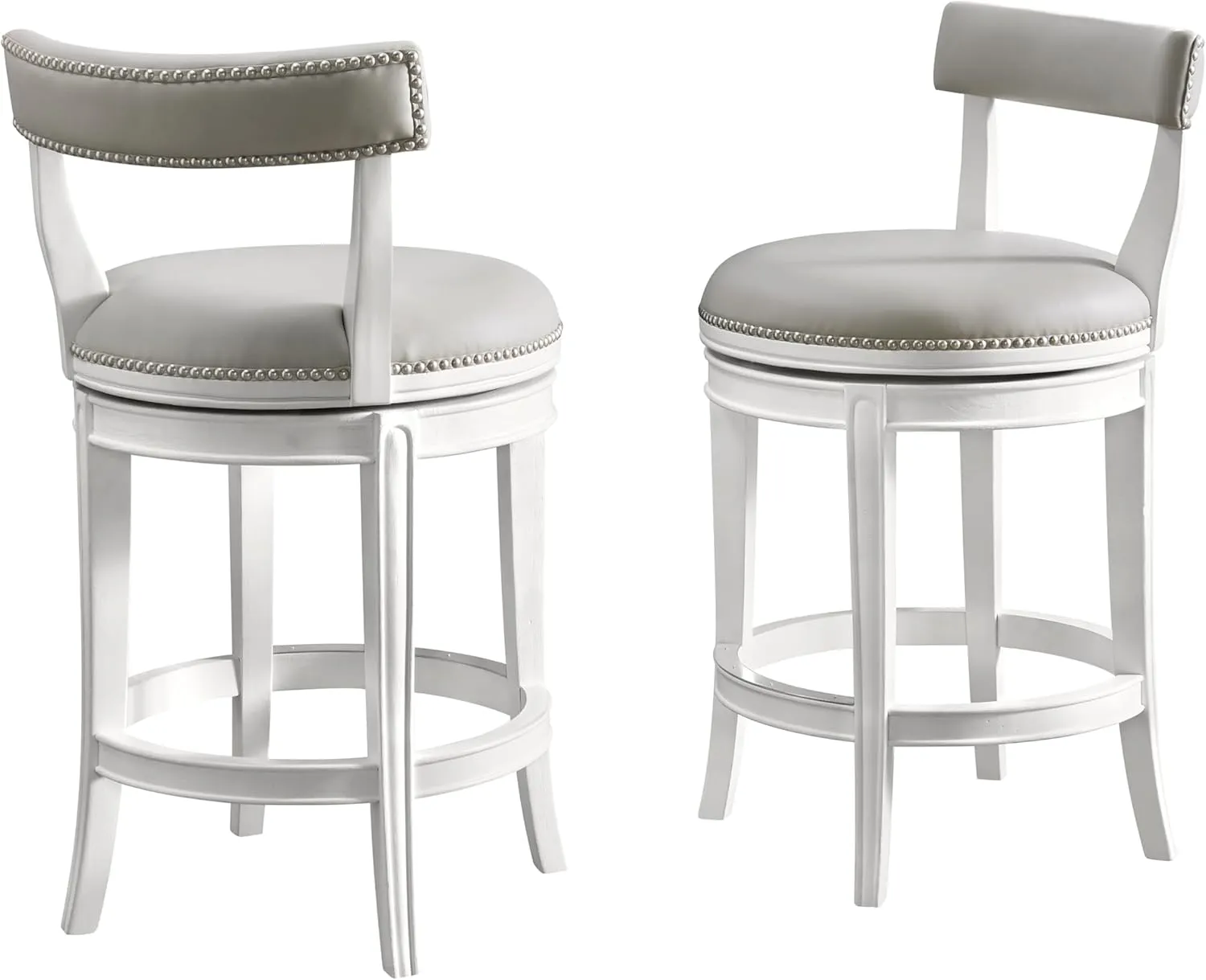 Hanover Swivel Counter Height Bar Stools, Set of 2, Memory Return Swivel, Foam Padded Faux Leather, Nailhead Trim, Rubberwood Frame, 26 in. Seat Height, White and Gray