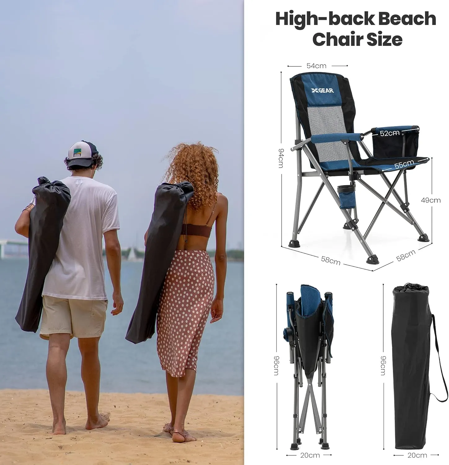 Hard Arm Folding Camping Chair Beach Chair Lawn Chair for Adults with Mesh Back (Blue 2pc)