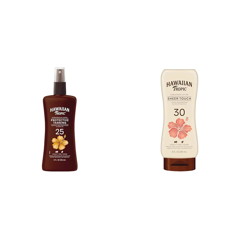 Hawaiian Tropic Protective Tanning Oil Spray SPF 25, 8oz & Sheer Touch Ultra Radiance Lotion Sunscreen SPF 30, 8oz Bundle