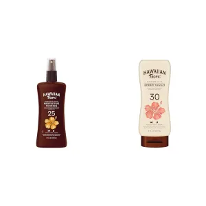 Hawaiian Tropic Protective Tanning Oil Spray SPF 25, 8oz & Sheer Touch Ultra Radiance Lotion Sunscreen SPF 30, 8oz Bundle