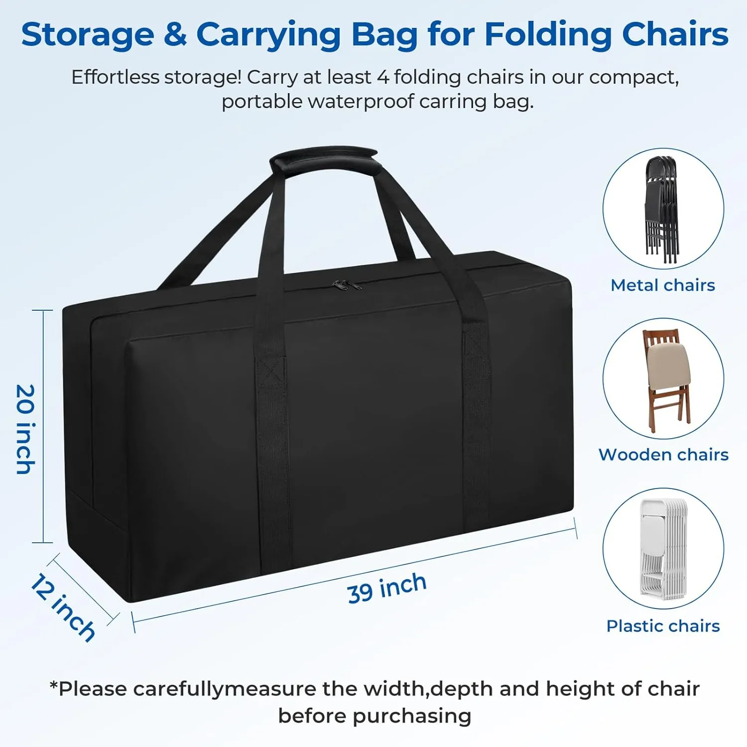 Heavy Duty Folding Chair Storage Bag,Large Waterproof Carry Bag for Metal,Wooden and Plastic Chairs,with Sturdy Handle (39" L x 12" W x 20" H)