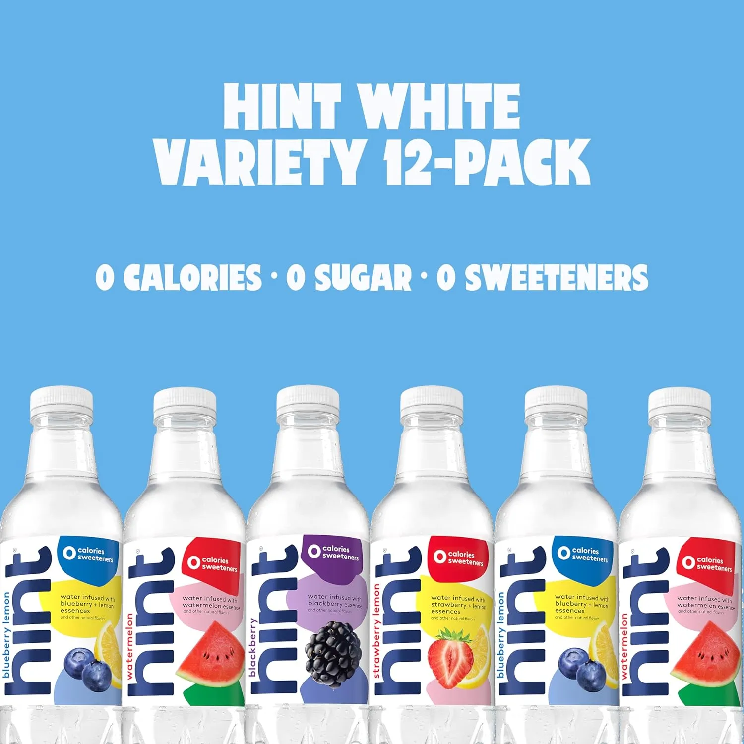 Hint Water White Variety, 3 Bottles Each of: Watermelon, Blackberry, Blueberry Lemon, and Strawberry Lemon. Flavored Water With Zero Calories, Zero Sugar, and Zero Sweeteners, 16 Fl Oz (Pack of 12)