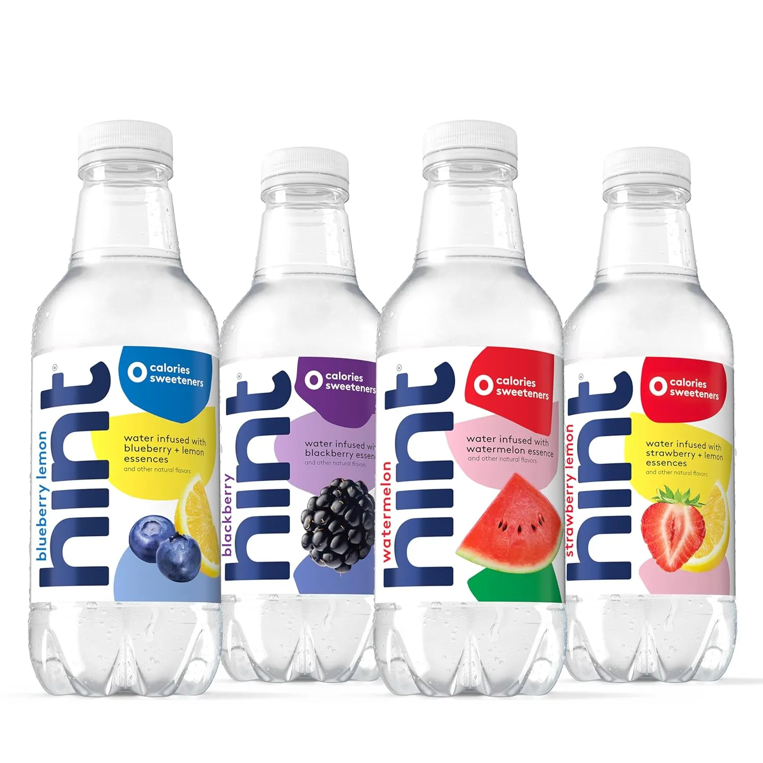 Hint Water White Variety, 3 Bottles Each of: Watermelon, Blackberry, Blueberry Lemon, and Strawberry Lemon. Flavored Water With Zero Calories, Zero Sugar, and Zero Sweeteners, 16 Fl Oz (Pack of 12)