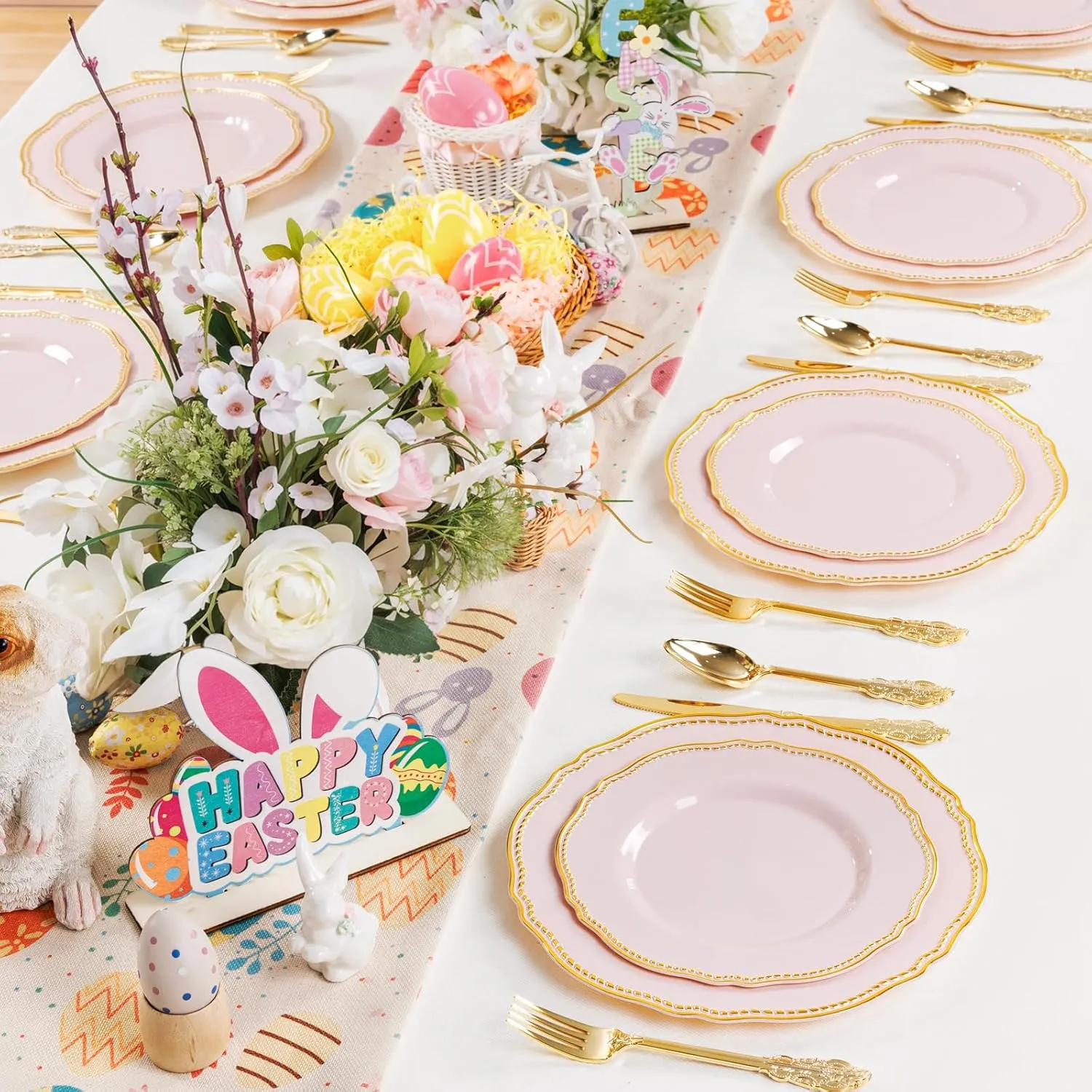 Hioasis 60pcs Pink Plastic Plates - Pink and Gold Disposable Plates, 10.25 inch Plastic Dinner Plates, Perfect for Wedding & Party & Holiday