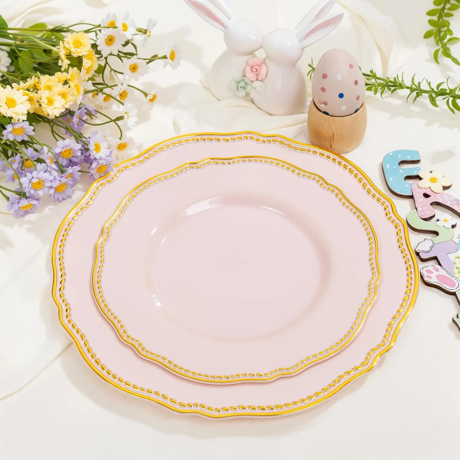 Hioasis 60pcs Pink Plastic Plates - Pink and Gold Disposable Plates, 10.25 inch Plastic Dinner Plates, Perfect for Wedding & Party & Holiday