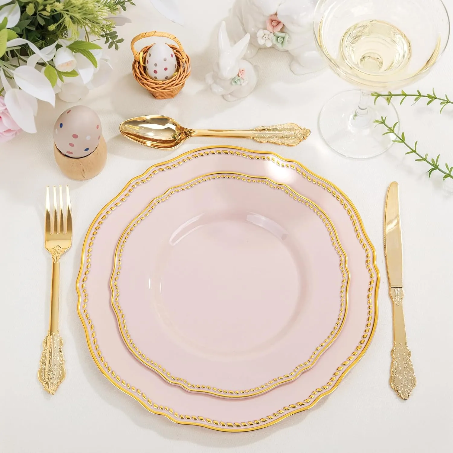 Hioasis 60pcs Pink Plastic Plates - Pink and Gold Disposable Plates, 10.25 inch Plastic Dinner Plates, Perfect for Wedding & Party & Holiday