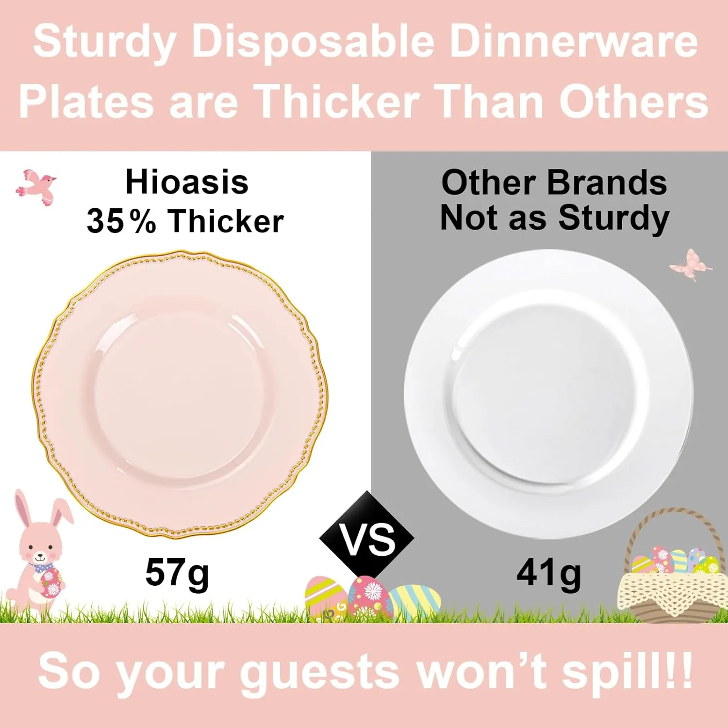 Hioasis 60pcs Pink Plastic Plates - Pink and Gold Disposable Plates, 10.25 inch Plastic Dinner Plates, Perfect for Wedding & Party & Holiday