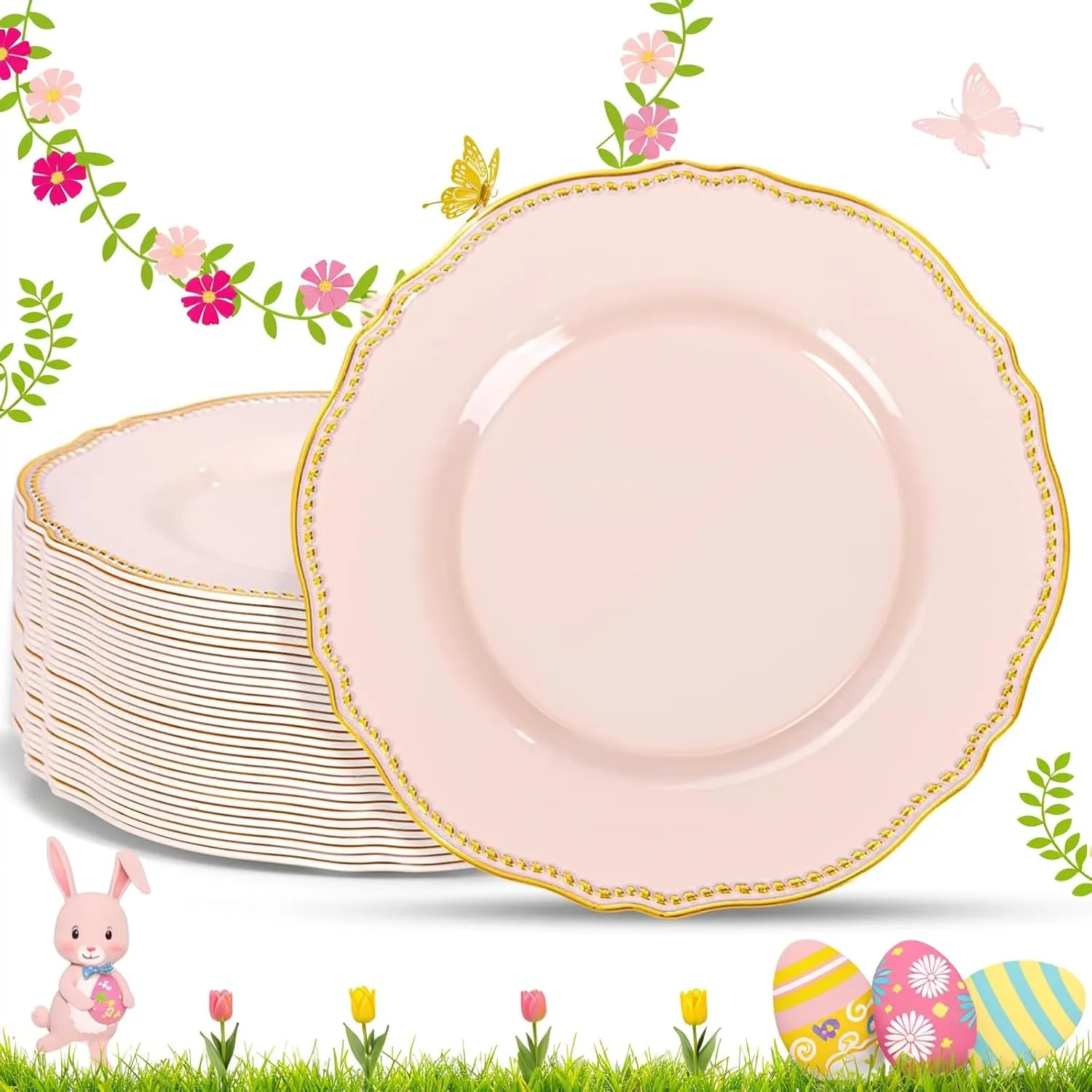 Hioasis 60pcs Pink Plastic Plates - Pink and Gold Disposable Plates, 10.25 inch Plastic Dinner Plates, Perfect for Wedding & Party & Holiday