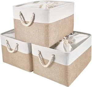HOdo Home 15.8×11.8×9.5 In/3PCS Fabric Storage Bins with Drawstring Closure and 2 Bold Handles, Collapsible Large Cubes Canvas Baskets for Organizing Shelf Nursery Home Closet (White and Yellow)