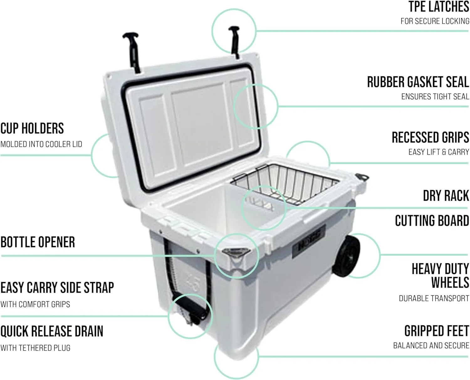 Hogg 65 qt Insulated Cooler with Wheels and Handles, Rolling Ice Chest with Wheels, Rotomolded Wheeled Coolers for Camping, Drinks, Outdoors, 65qt Blue