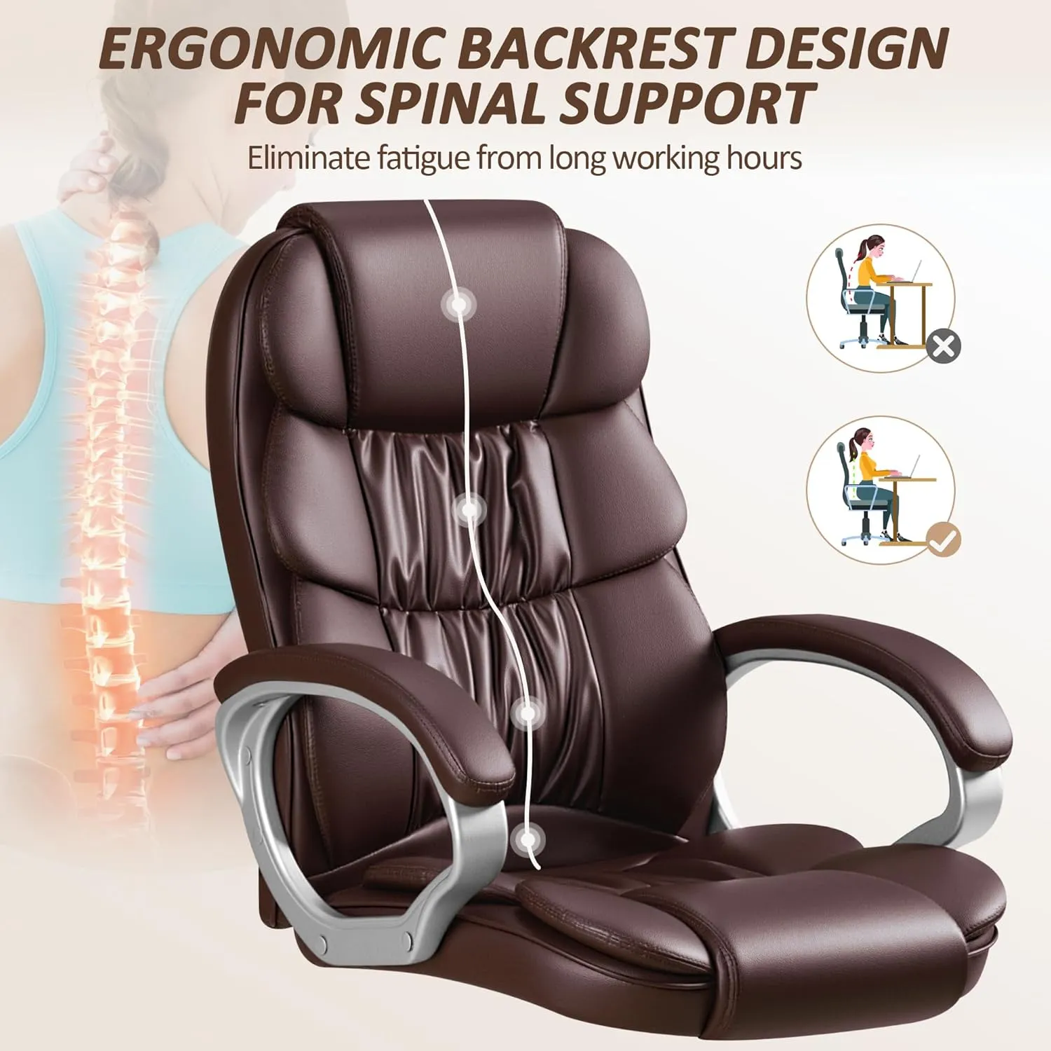 Homall Office Chair High Back Computer Chair Ergonomic Desk Chair, PU Leather Adjustable Height Modern Executive Swivel Task Chair with Padded Armrests and Lumbar Support (Brown)