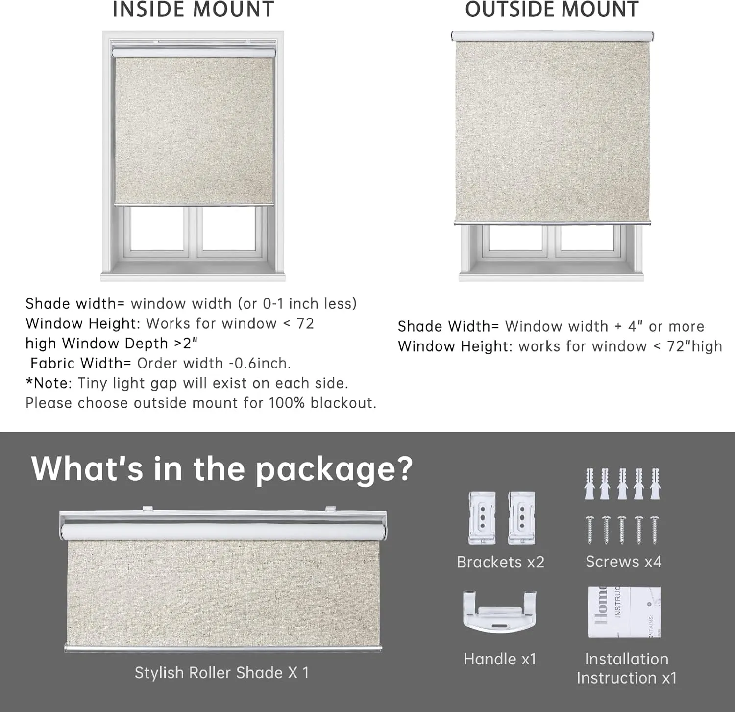 Homebox Cordless Blackout Roller Shades for Windows, 100% Room Darkening Blinds with Thermal Insulated Easy Install Spring System for Home, Living Room, Nursery (34" W x 72" H, Beige)