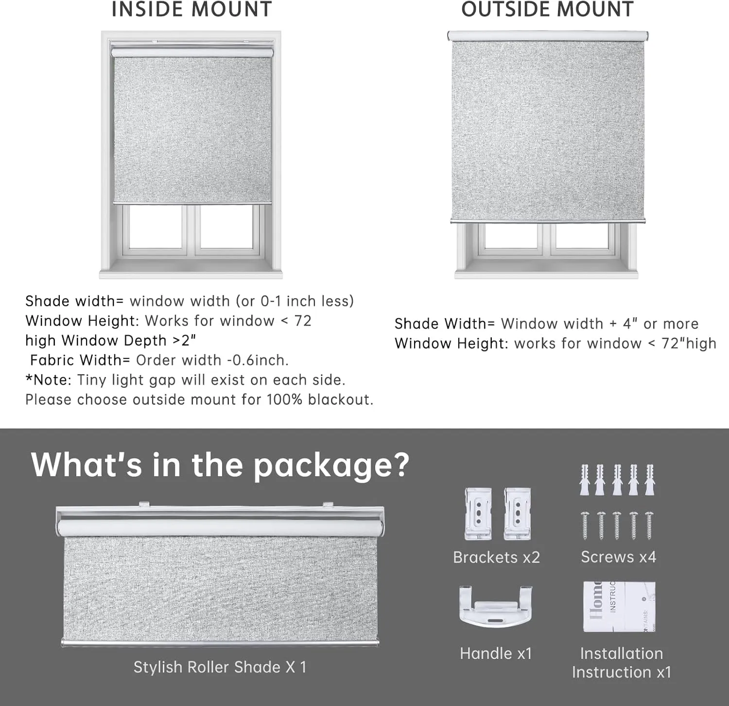 Homebox Cordless Blackout Roller Shades for Windows, 100% Room Darkening Blinds with Thermal Insulated Easy Install Spring System for Home, Living Room, Nursery (34" W x 72" H, Grey)