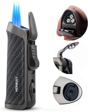 HONEST Triple Jet Torch Lighter Built-in Punch Visible Gas Window Refillable Gas Adjustable Flame Intensity Pocket Lighter Gift for Men BBQ Kitchen Fireplace Candle (Carbon Wrap)