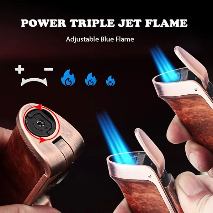 HONEST Triple Jet Torch Lighter Built-in Punch Visible Gas Window Refillable Gas Adjustable Flame Intensity Pocket Lighter Gift for Men BBQ Kitchen Fireplace Candle (Carbon Wrap)