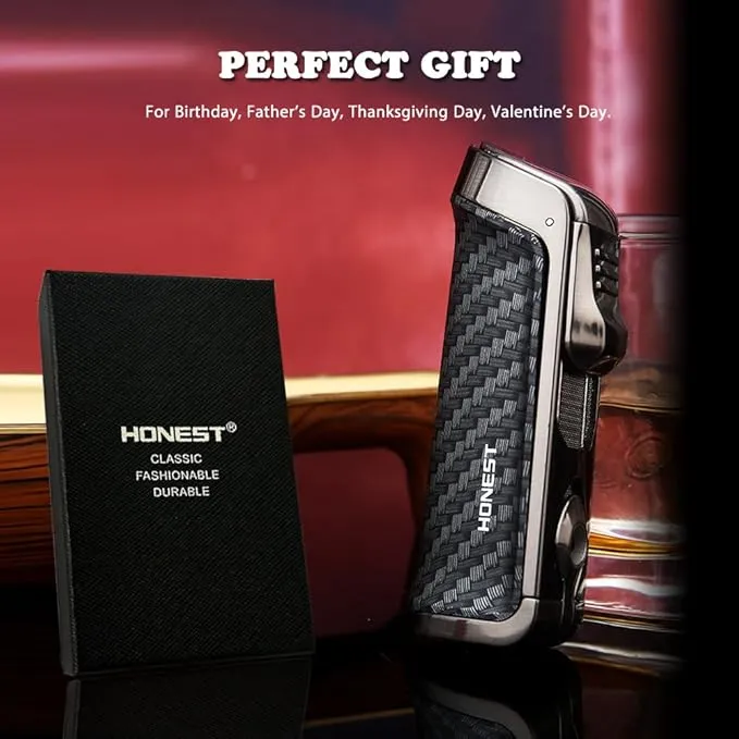 HONEST Triple Jet Torch Lighter Built-in Punch Visible Gas Window Refillable Gas Adjustable Flame Intensity Pocket Lighter Gift for Men BBQ Kitchen Fireplace Candle (Carbon Wrap)