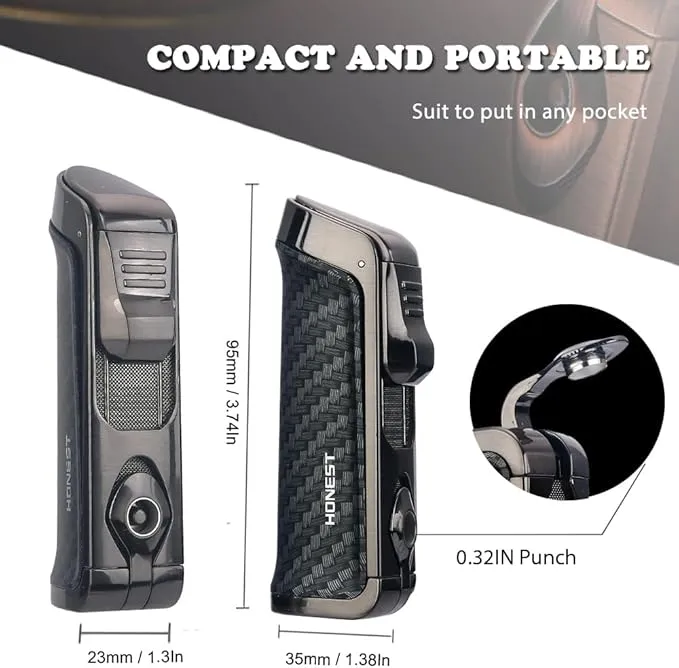 HONEST Triple Jet Torch Lighter Built-in Punch Visible Gas Window Refillable Gas Adjustable Flame Intensity Pocket Lighter Gift for Men BBQ Kitchen Fireplace Candle (Carbon Wrap)