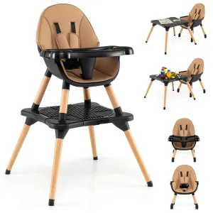HONEY JOY Baby High Chair, 5-in-1 Convertible Wooden Highchair for Babies and Toddlers/Table and Chair Set/Booster Seat with Safety Harness, 4-Position Removable Feeding Tray (Coffee)