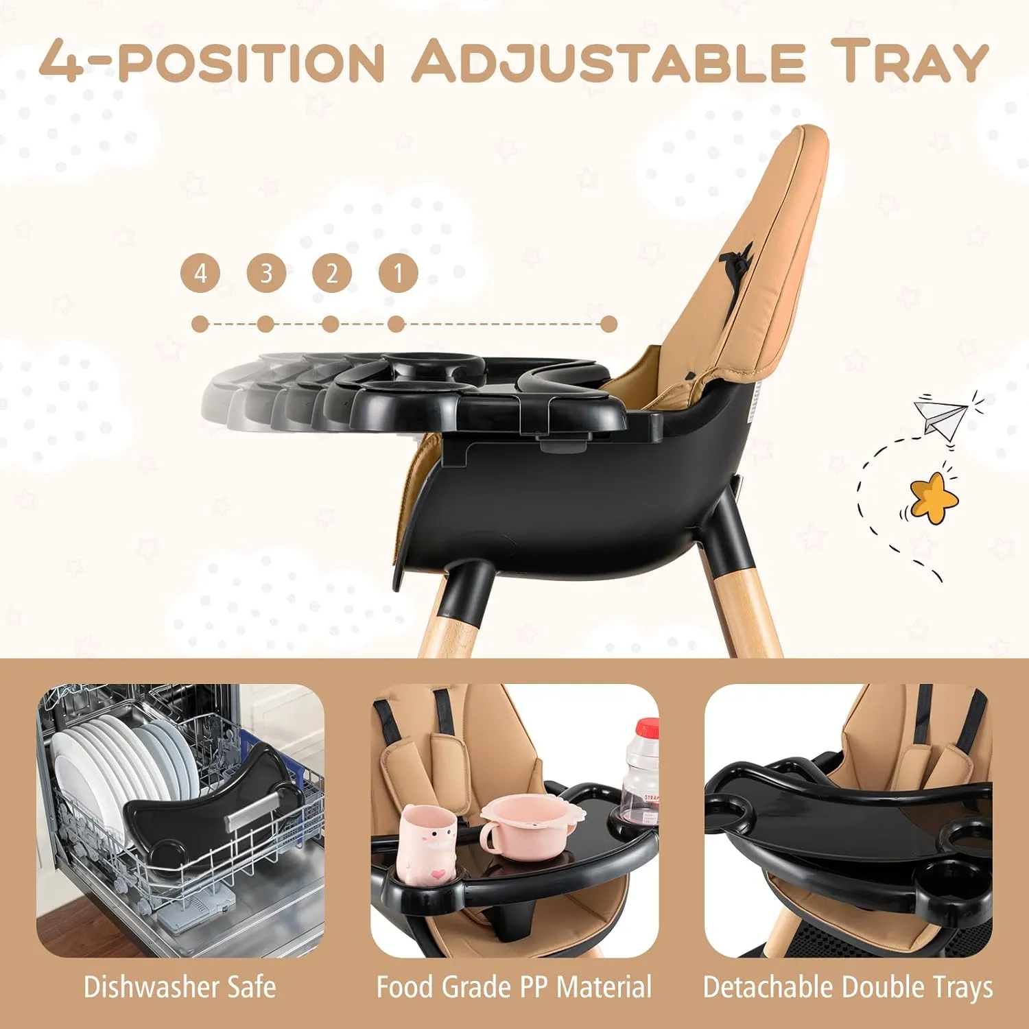 HONEY JOY Baby High Chair, 5-in-1 Convertible Wooden Highchair for Babies and Toddlers/Table and Chair Set/Booster Seat with Safety Harness, 4-Position Removable Feeding Tray (Coffee)