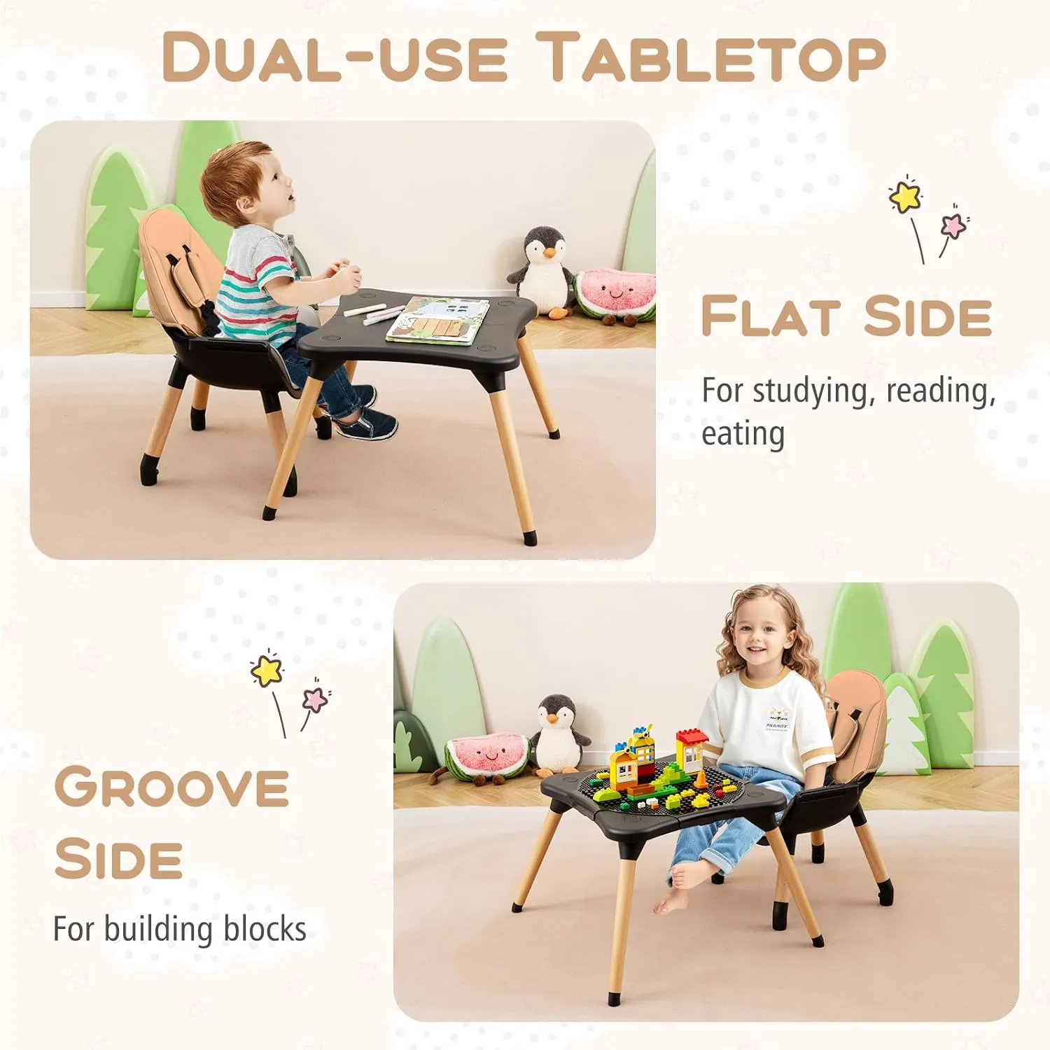 HONEY JOY Baby High Chair, 5-in-1 Convertible Wooden Highchair for Babies and Toddlers/Table and Chair Set/Booster Seat with Safety Harness, 4-Position Removable Feeding Tray (Coffee)