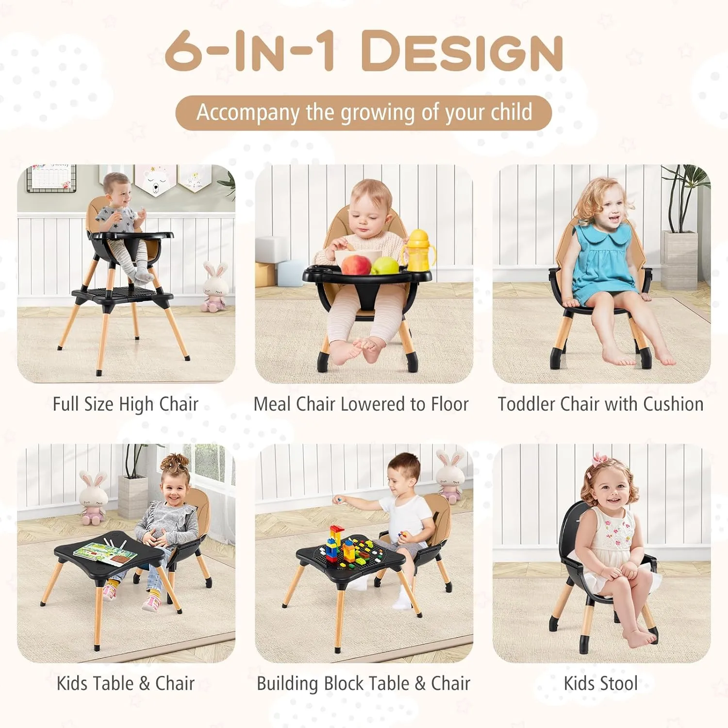 HONEY JOY Baby High Chair, 5-in-1 Convertible Wooden Highchair for Babies and Toddlers/Table and Chair Set/Booster Seat with Safety Harness, 4-Position Removable Feeding Tray (Coffee)