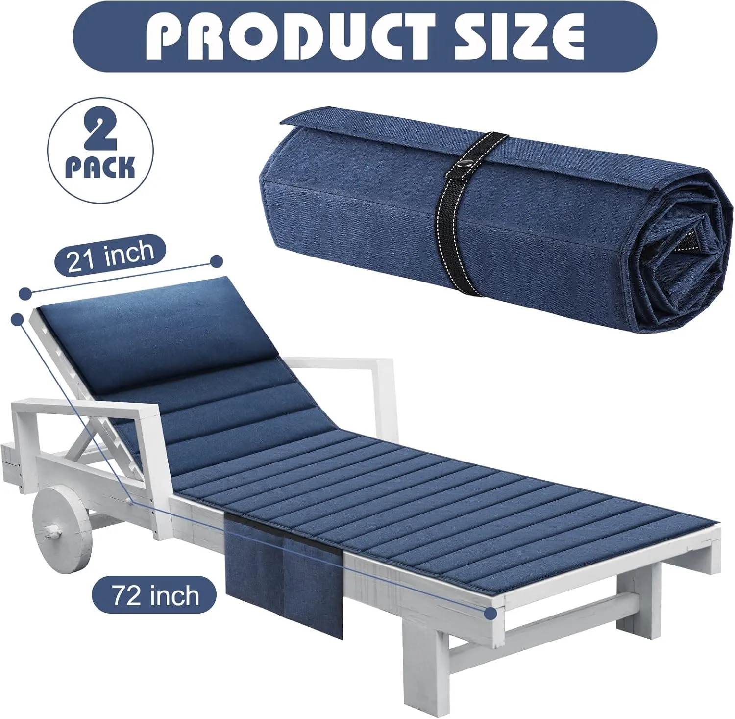 Hoolerry 2Pcs Outdoor Lounge Chair Cushions Waterproof Folding Chaise Lounge Cushion for Patio Lawn Pool Beach Chair Pad with Headrest and Pocket 72'' x 21'', No Chair (Dark Blue)