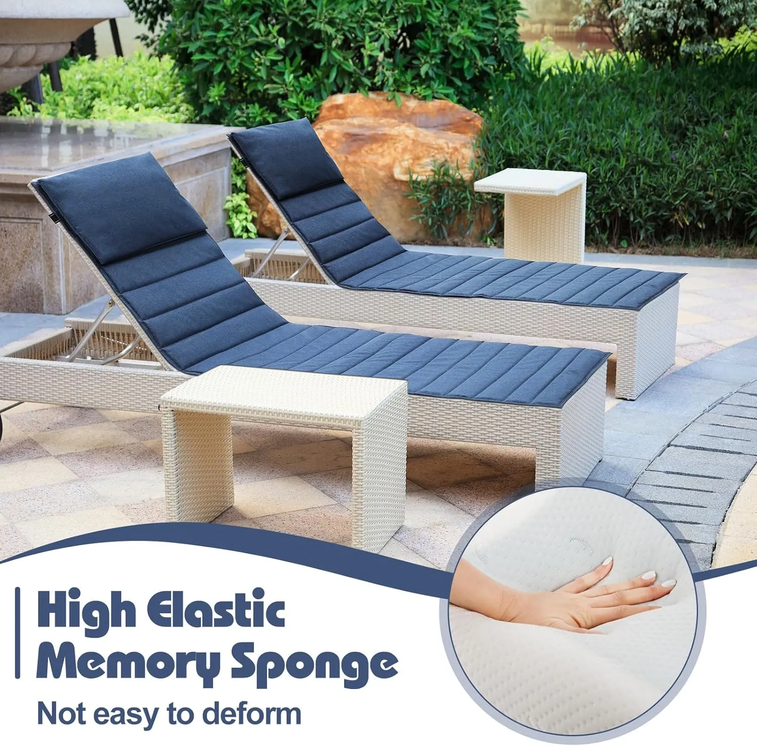 Hoolerry 2Pcs Outdoor Lounge Chair Cushions Waterproof Folding Chaise Lounge Cushion for Patio Lawn Pool Beach Chair Pad with Headrest and Pocket 72'' x 21'', No Chair (Dark Blue)