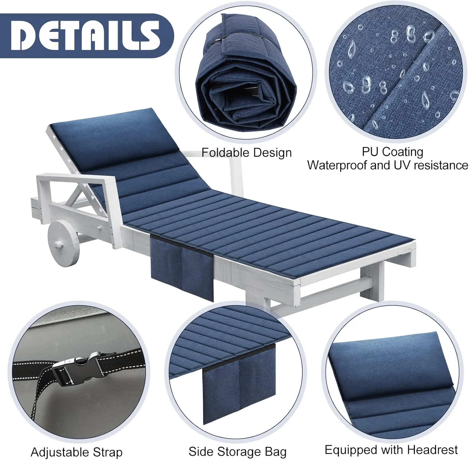 Hoolerry 2Pcs Outdoor Lounge Chair Cushions Waterproof Folding Chaise Lounge Cushion for Patio Lawn Pool Beach Chair Pad with Headrest and Pocket 72'' x 21'', No Chair (Dark Blue)