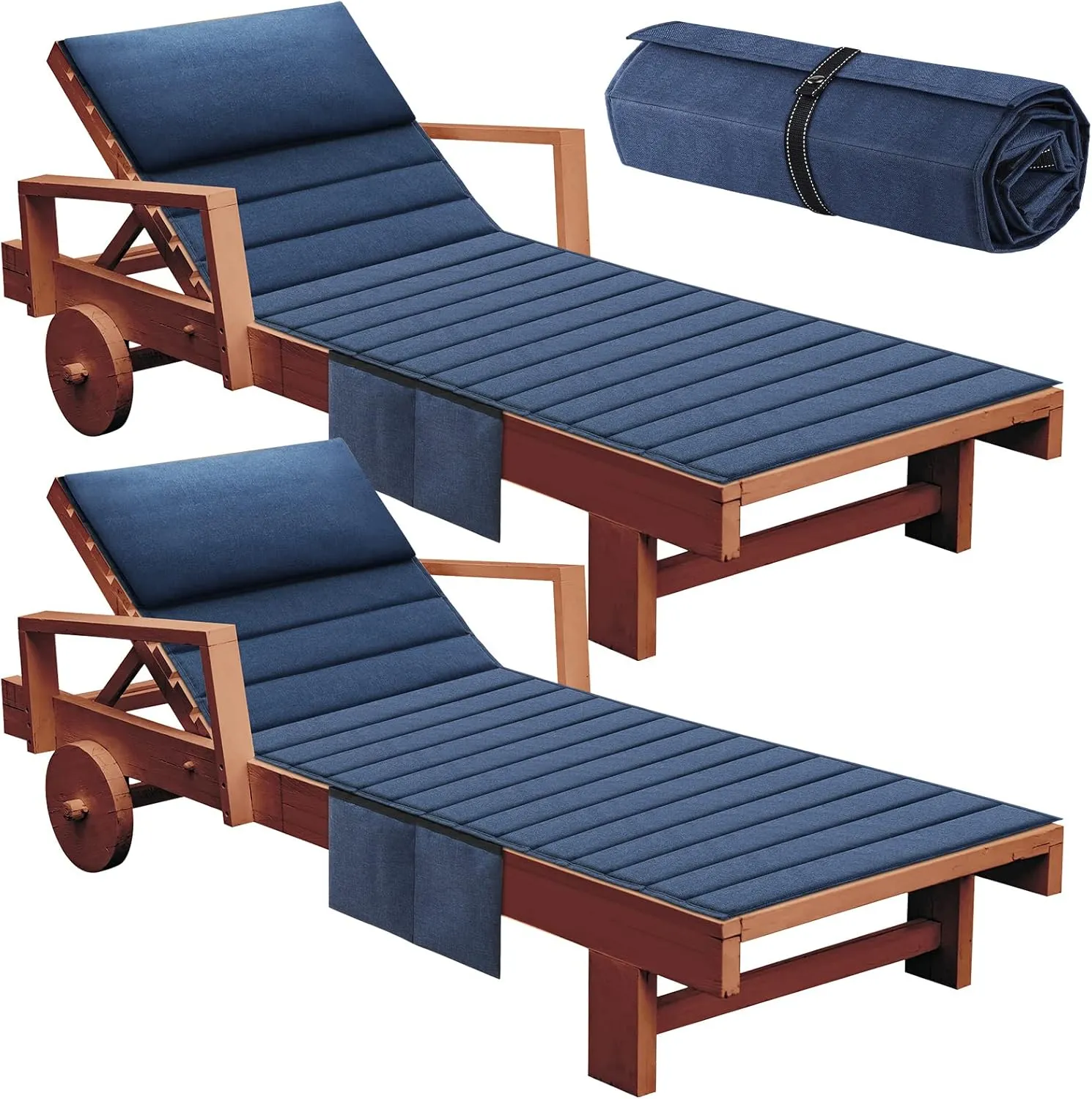 Hoolerry 2Pcs Outdoor Lounge Chair Cushions Waterproof Folding Chaise Lounge Cushion for Patio Lawn Pool Beach Chair Pad with Headrest and Pocket 72'' x 21'', No Chair (Dark Blue)
