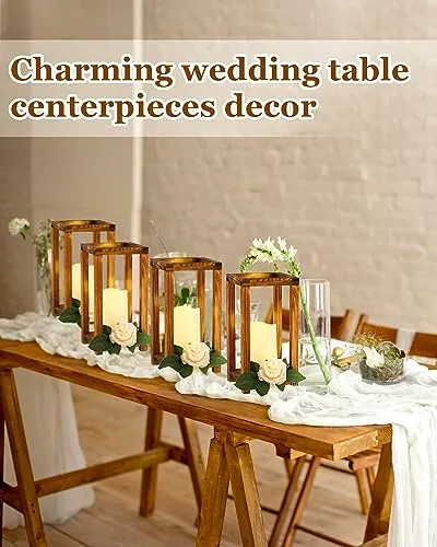 Huquary 24 Pcs Wooden Candle Lantern Bulk Wedding Lantern Centerpiece Includes 12 Farmhouse Wooden Candle Holder and 12 Flameless Decorative Led