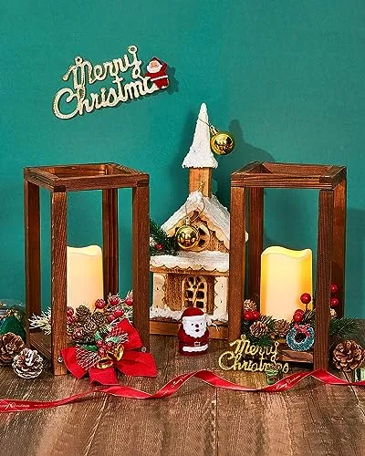 Huquary 24 Pcs Wooden Candle Lantern Bulk Wedding Lantern Centerpiece Includes 12 Farmhouse Wooden Candle Holder and 12 Flameless Decorative Led