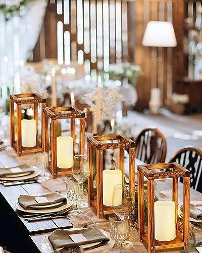 Huquary 24 Pcs Wooden Candle Lantern Bulk Wedding Lantern Centerpiece Includes 12 Farmhouse Wooden Candle Holder and 12 Flameless Decorative Led