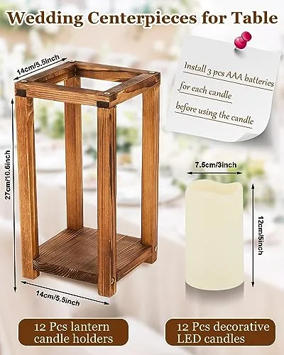 Huquary 24 Pcs Wooden Candle Lantern Bulk Wedding Lantern Centerpiece Includes 12 Farmhouse Wooden Candle Holder and 12 Flameless Decorative Led