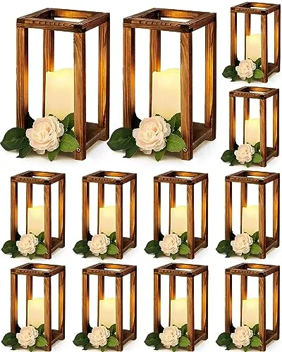 Huquary 24 Pcs Wooden Candle Lantern Bulk Wedding Lantern Centerpiece Includes 12 Farmhouse Wooden Candle Holder and 12 Flameless Decorative Led