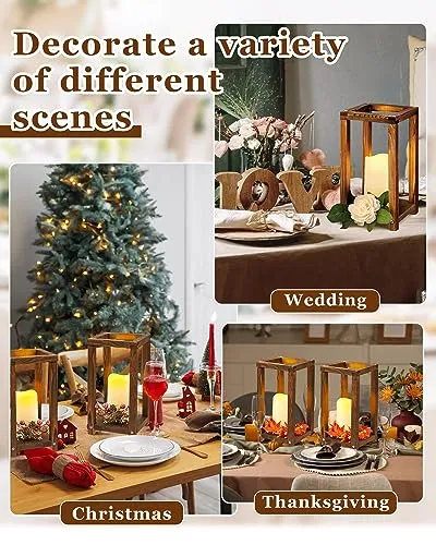 Huquary 24 Pcs Wooden Candle Lantern Bulk Wedding Lantern Centerpiece Includes 12 Farmhouse Wooden Candle Holder and 12 Flameless Decorative Led