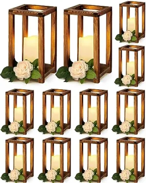 Huquary 24 Pcs Wooden Candle Lantern Bulk Wedding Lantern Centerpiece Includes 12 Farmhouse Wooden Candle Holder and 12 Flameless Decorative Led