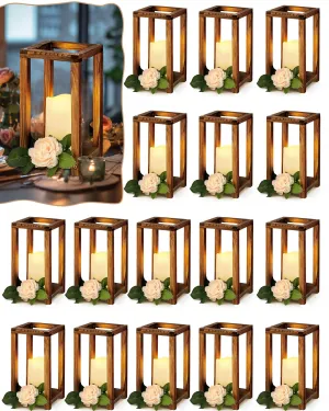 Huquary 32 Pcs Wooden Candle Lantern Bulk Wedding Lantern Centerpiece includes 16 Farmhouse Wooden Candle Holder and 16 Flameless Decorative LED Candles for Wedding Country Table Decoration