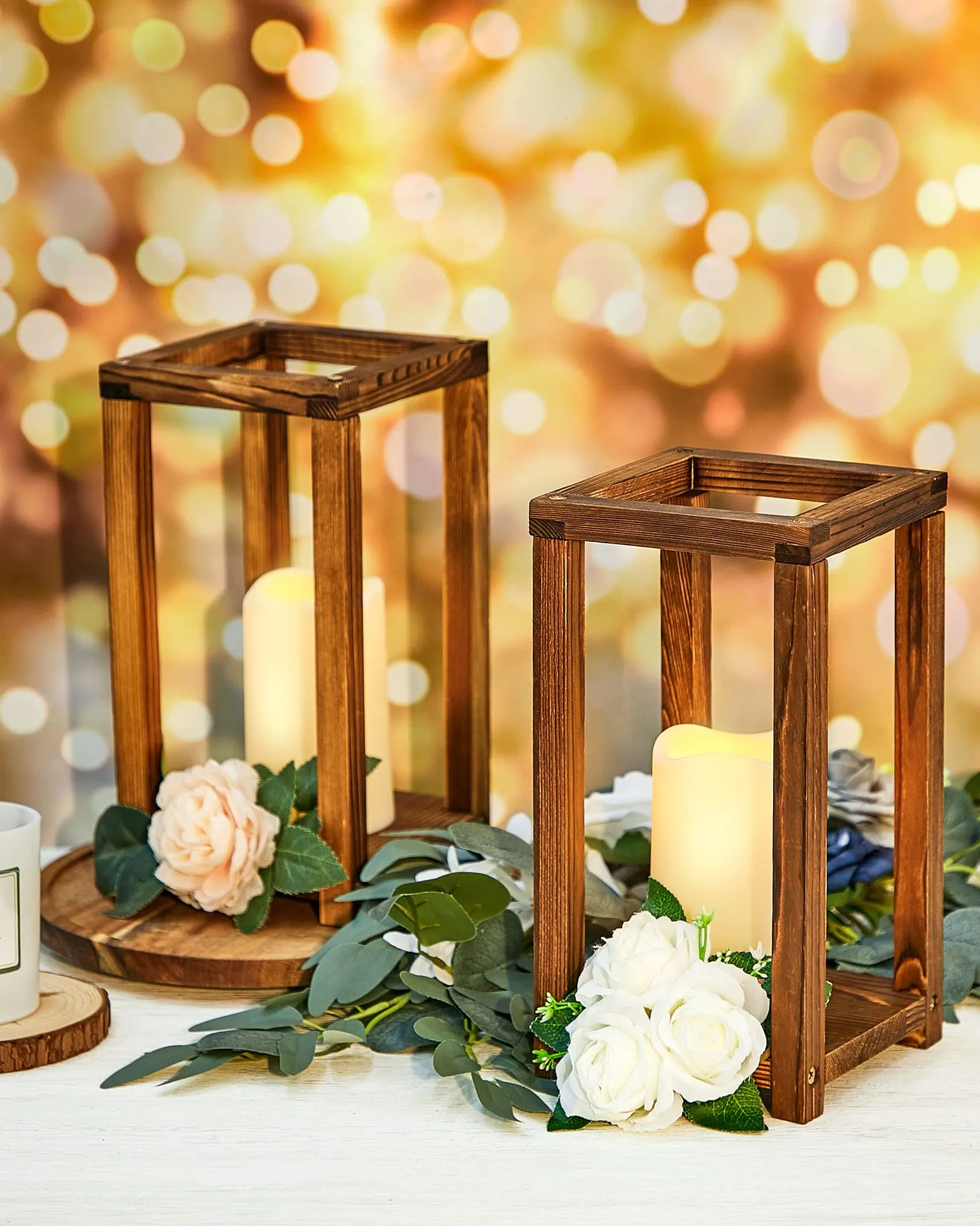 Huquary 32 Pcs Wooden Candle Lantern Bulk Wedding Lantern Centerpiece includes 16 Farmhouse Wooden Candle Holder and 16 Flameless Decorative LED Candles for Wedding Country Table Decoration