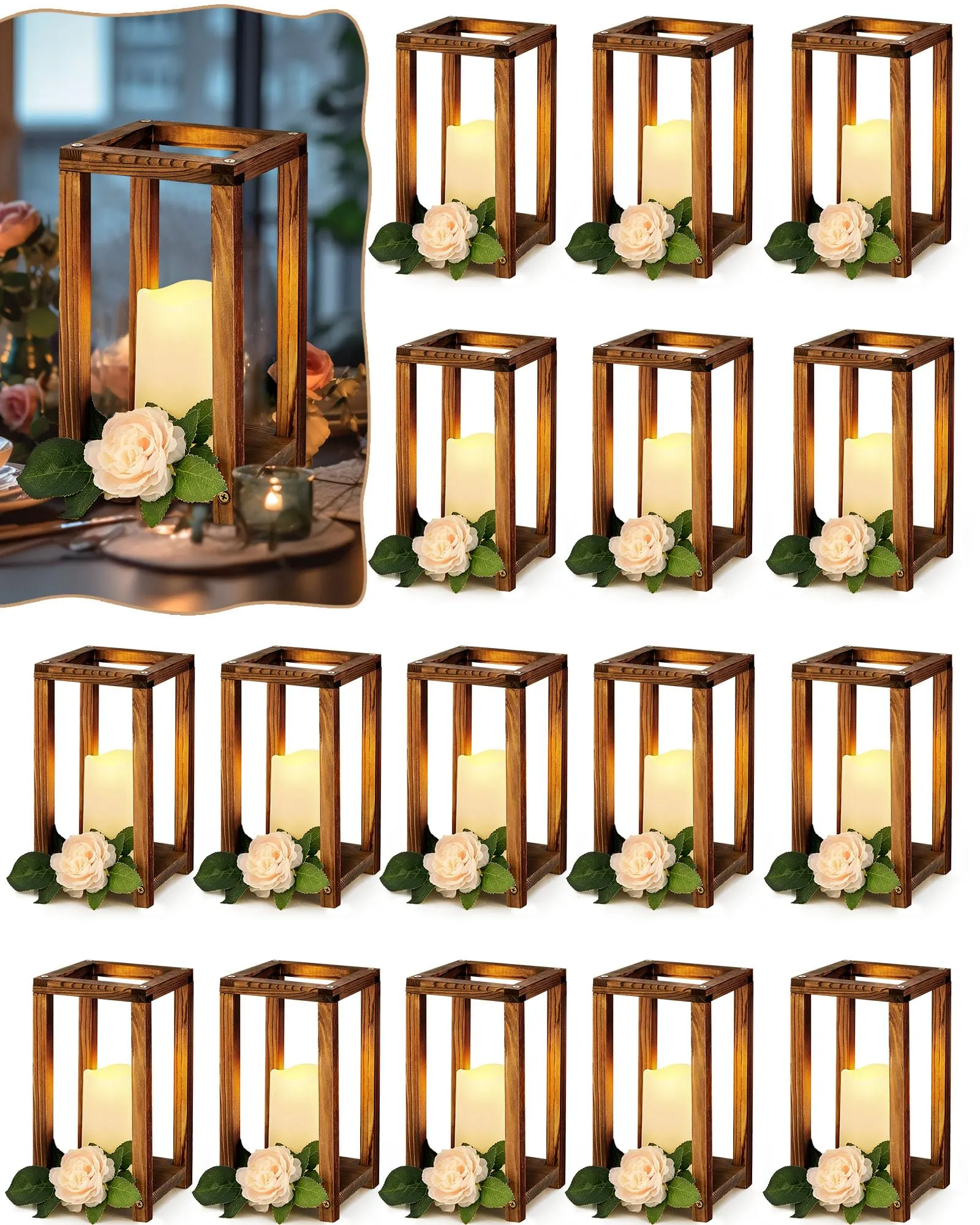 Huquary 32 Pcs Wooden Candle Lantern Bulk Wedding Lantern Centerpiece includes 16 Farmhouse Wooden Candle Holder and 16 Flameless Decorative LED Candles for Wedding Country Table Decoration