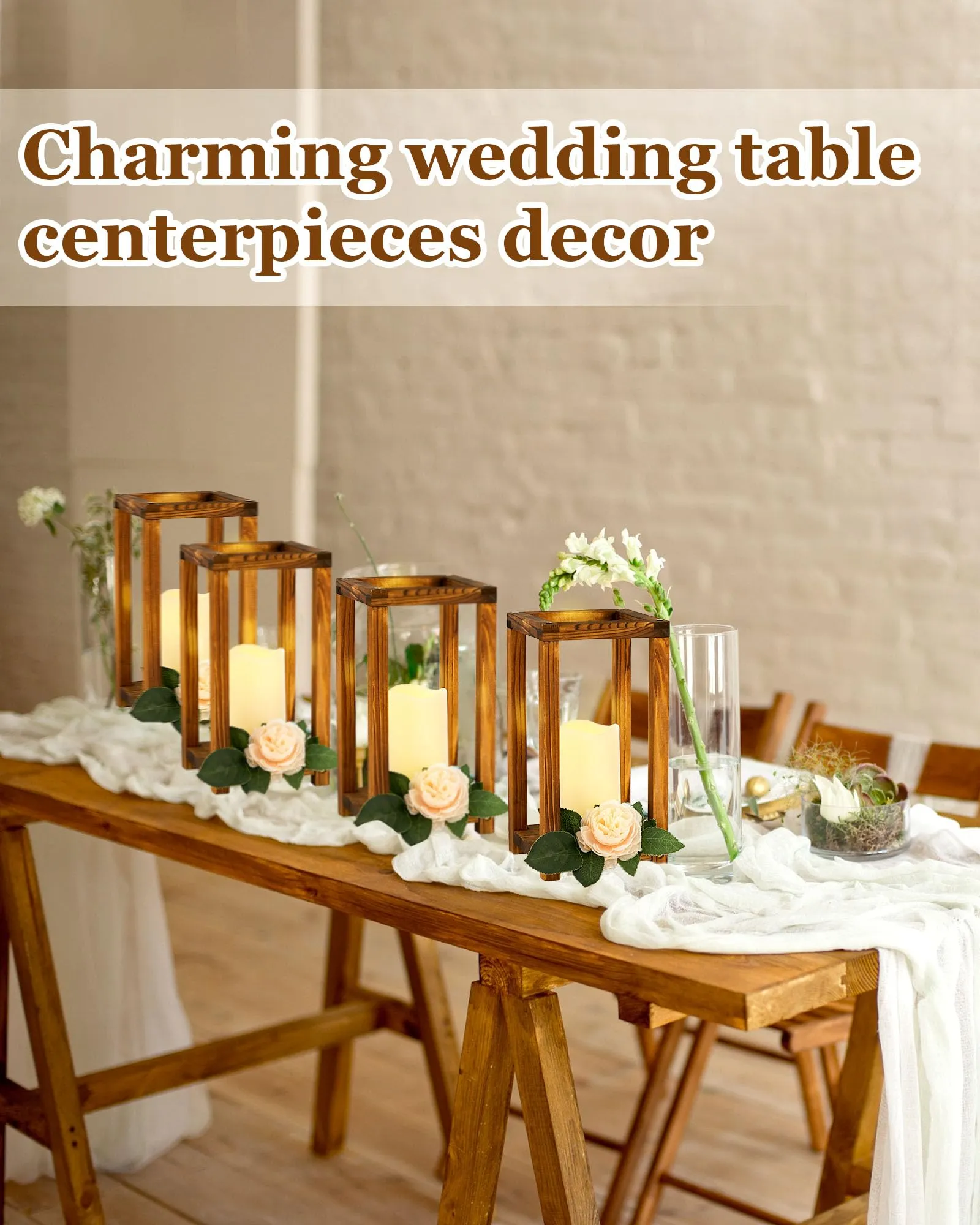 Huquary 32 Pcs Wooden Candle Lantern Bulk Wedding Lantern Centerpiece includes 16 Farmhouse Wooden Candle Holder and 16 Flameless Decorative LED Candles for Wedding Country Table Decoration
