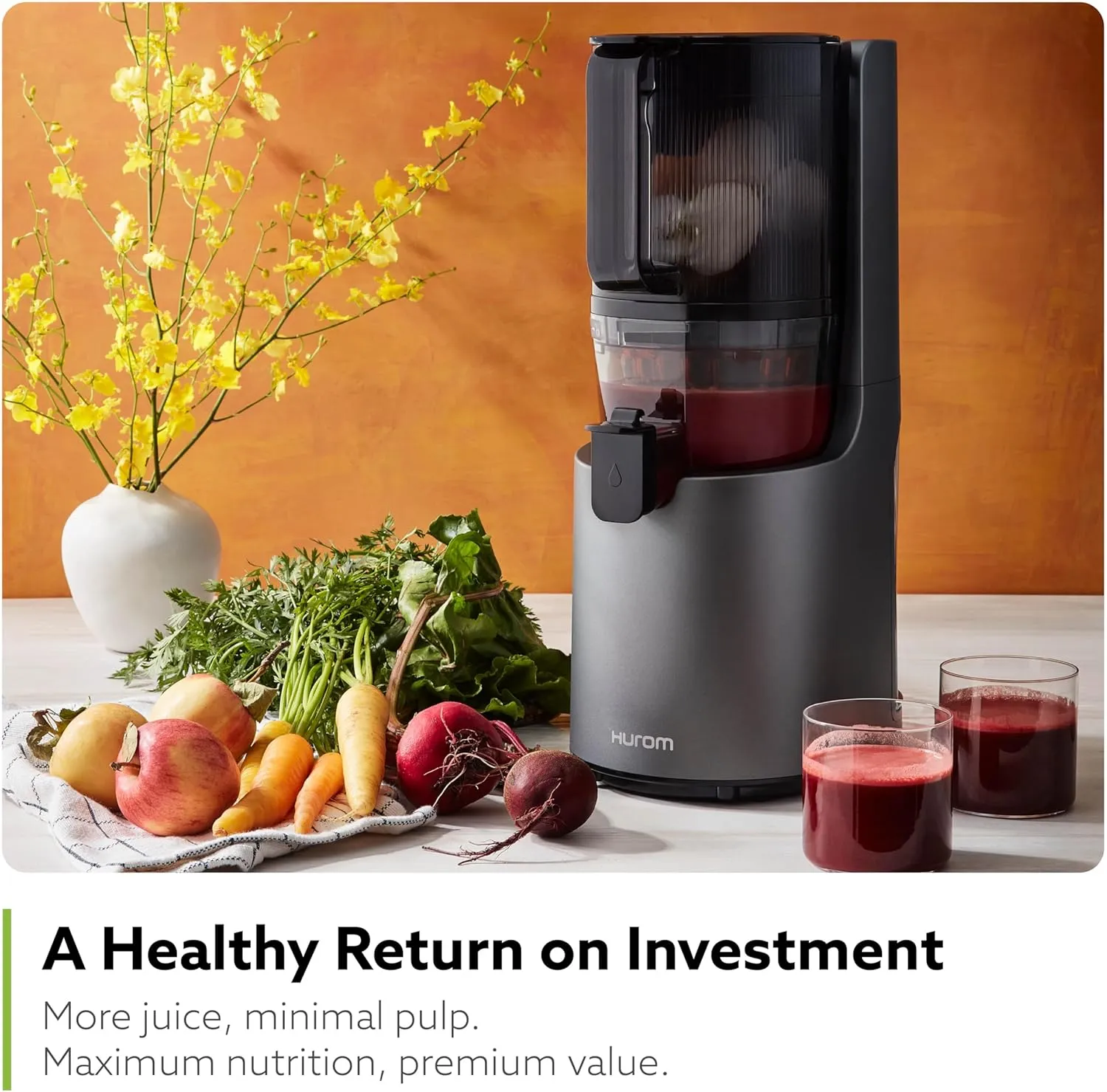 Hurom H200 Easy Clean Slow Juicer, Matte Black | Hands Free | Hopper Fits Whole Produce | Quiet Motor | Scrub Free Cleaning | BPA Free | Easy Assembly | Healthy Living | Cold Press Masticating Juicer