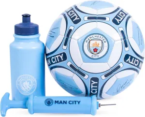 Hy-Pro Officially Licensed Manchester City F.C Sports Water Bottle Gift Set, 500ml Bottle, Size 5 Soccer Ball with Pump – Man City Merchandise for Kids and Adults