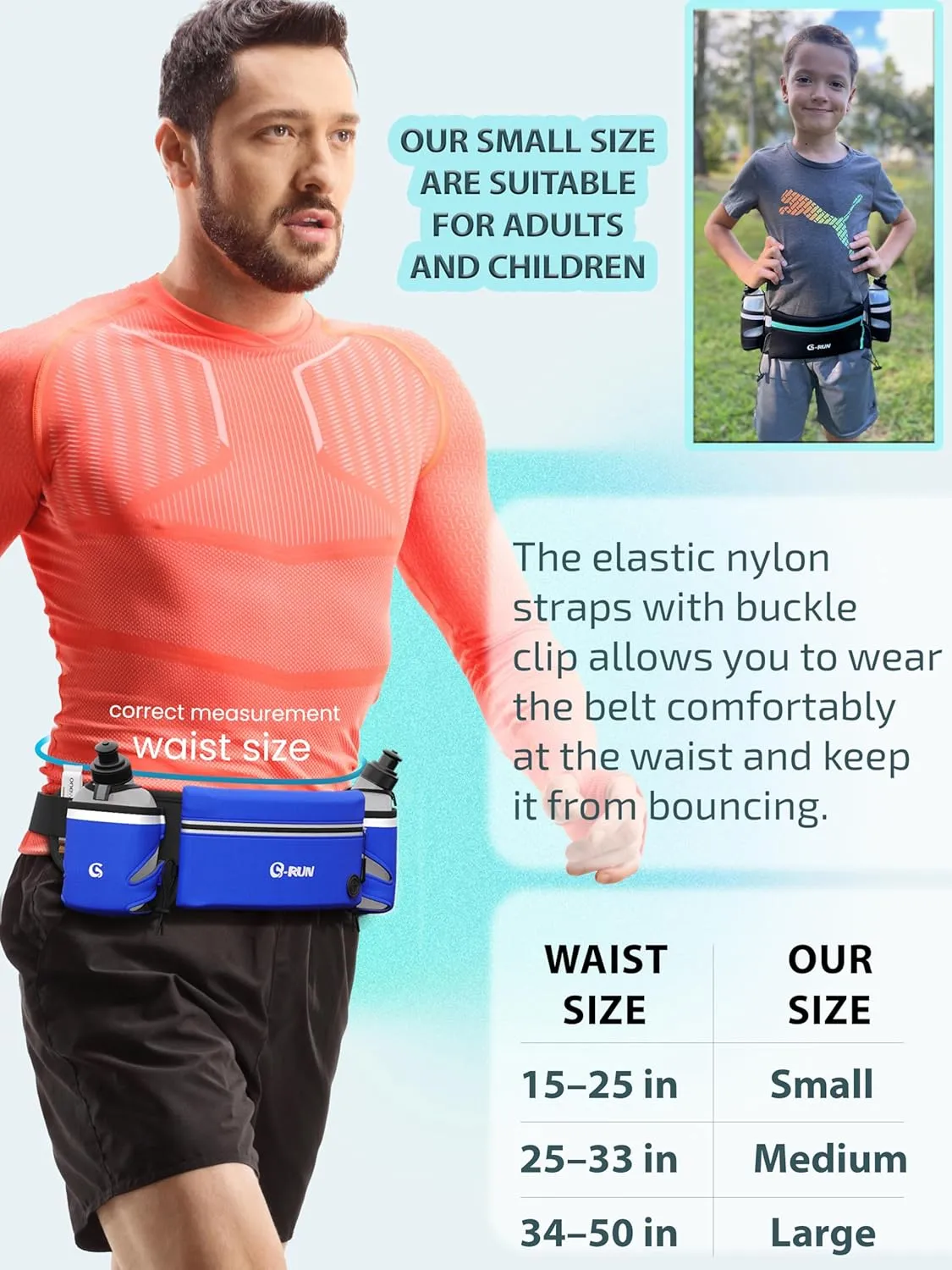 Hydration Running Belt with 2x10oz Bottles - Water Belts for Woman and Men - iPhone Belt for Any Phone Size - Fuel Marathon Waist Pouch for Runners - Jogging Cycling Biking