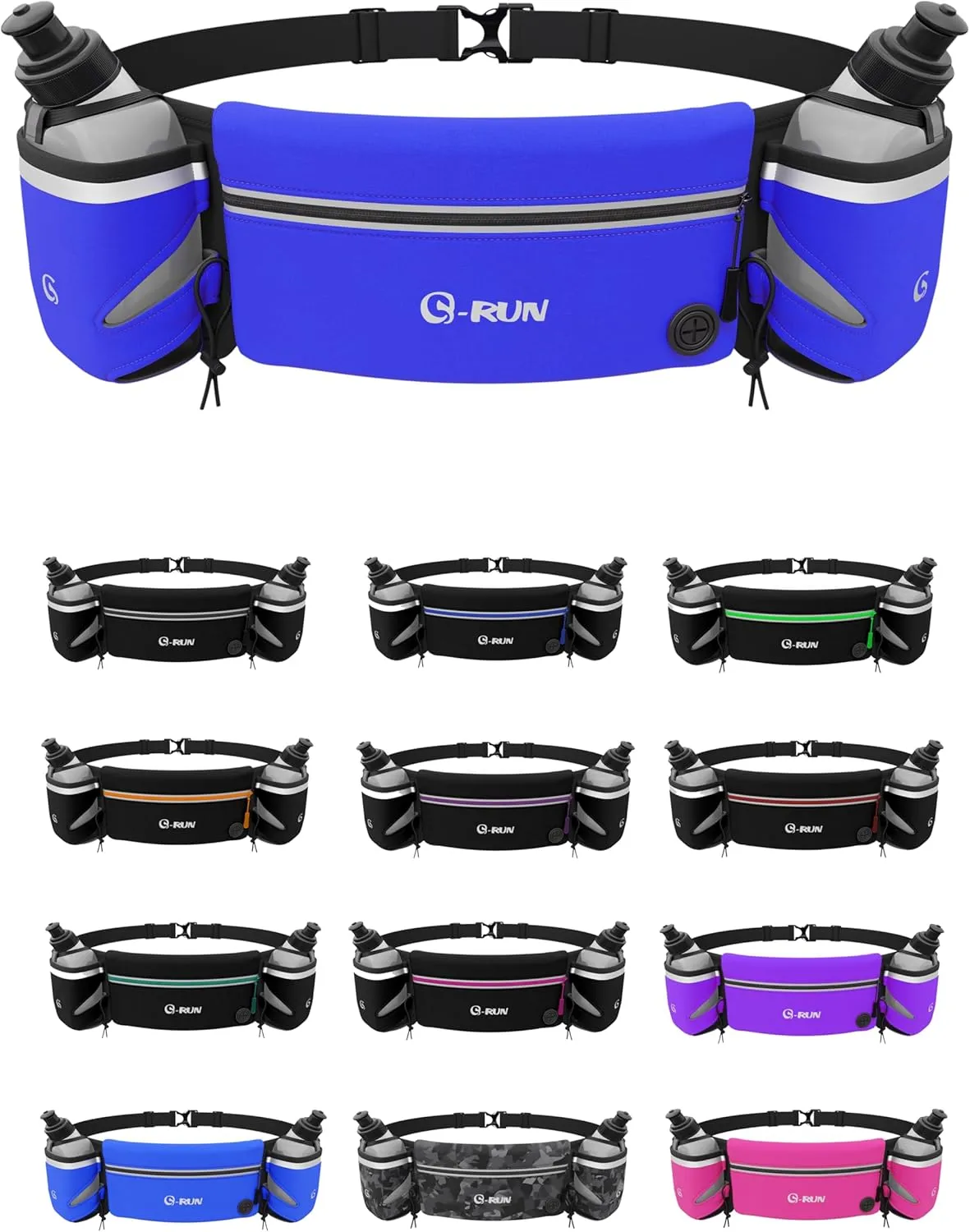 Hydration Running Belt with 2x10oz Bottles - Water Belts for Woman and Men - iPhone Belt for Any Phone Size - Fuel Marathon Waist Pouch for Runners - Jogging Cycling Biking