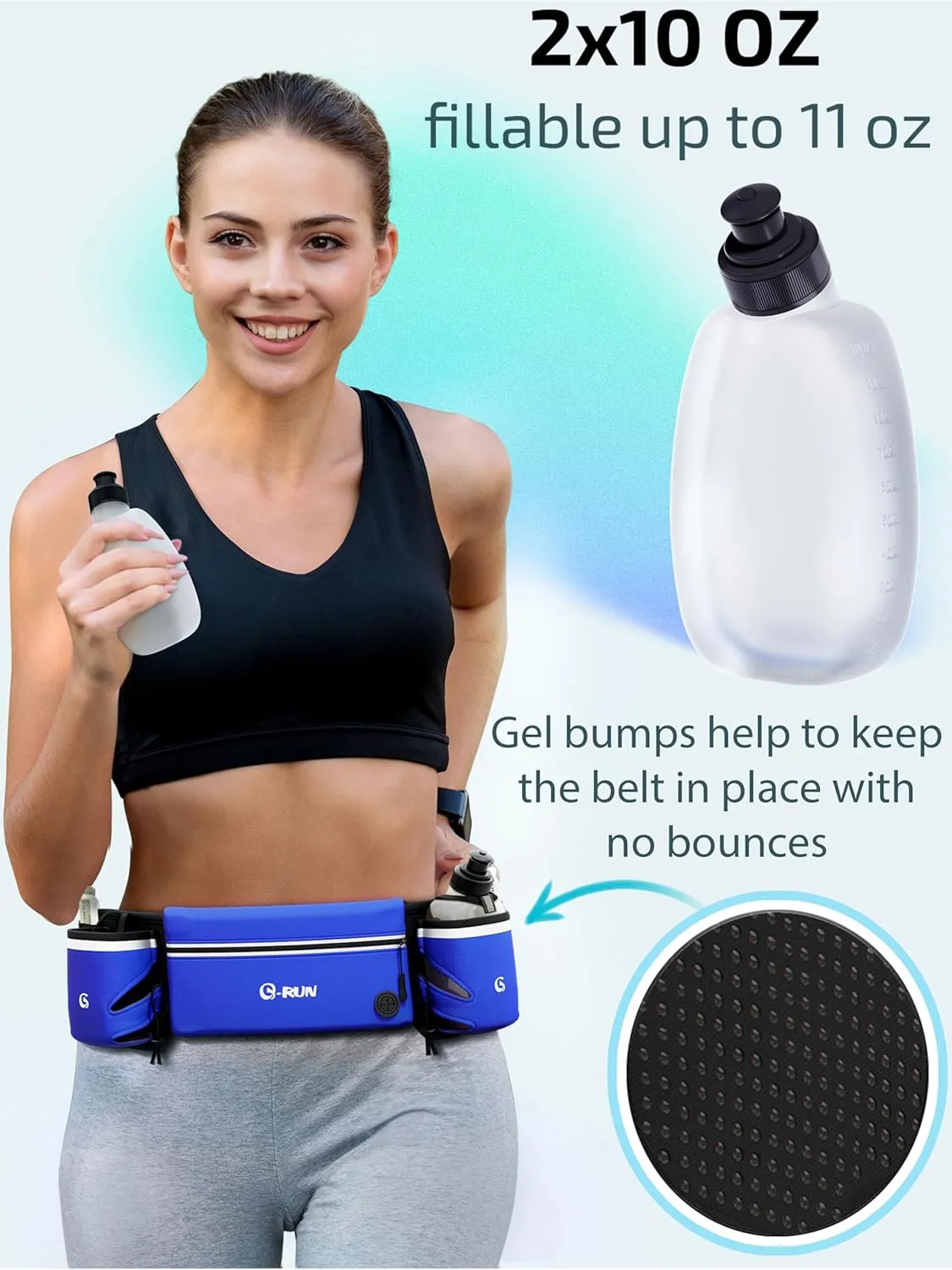 Hydration Running Belt with 2x10oz Bottles - Water Belts for Woman and Men - iPhone Belt for Any Phone Size - Fuel Marathon Waist Pouch for Runners - Jogging Cycling Biking