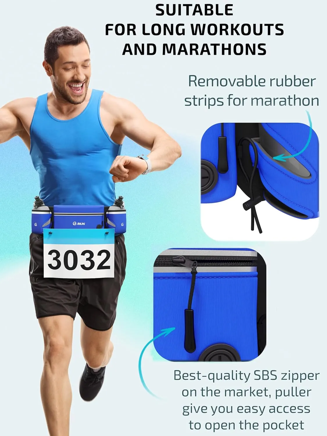 Hydration Running Belt with 2x10oz Bottles - Water Belts for Woman and Men - iPhone Belt for Any Phone Size - Fuel Marathon Waist Pouch for Runners - Jogging Cycling Biking